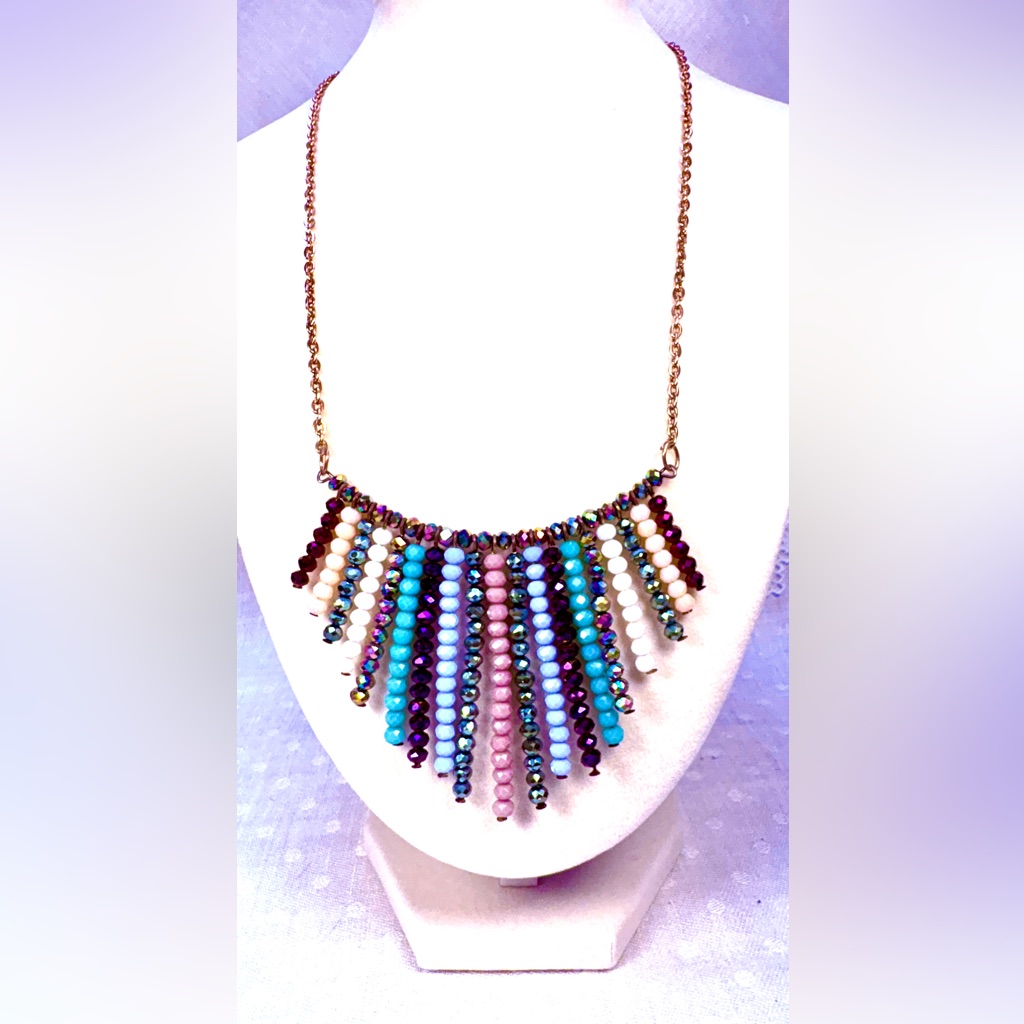 Women Necklace Vintage Multiple Colors Strung On Copper Chain With Sparkly Beads